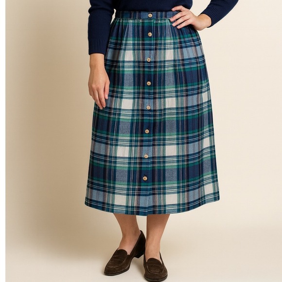 Alfred Dunner Dresses & Skirts - Alfred Dunner Plaid Button Front Midi Skirt Blue Green Cotton Blend Size‎ 12 VTG
